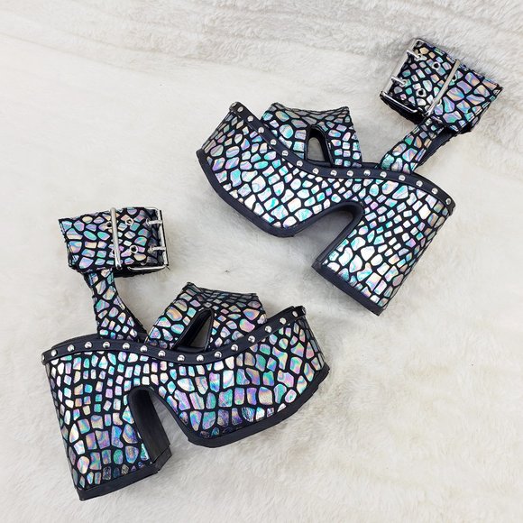 Camel 102 Black Stone Print Hologram Platform Sandals Goth Punk - Picture 3 of 10